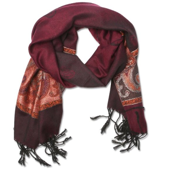 Vintage Paisley Colourblock Scarf Wrap Shawl Tassel Maroon Wine Brown - Picture 6 of 6